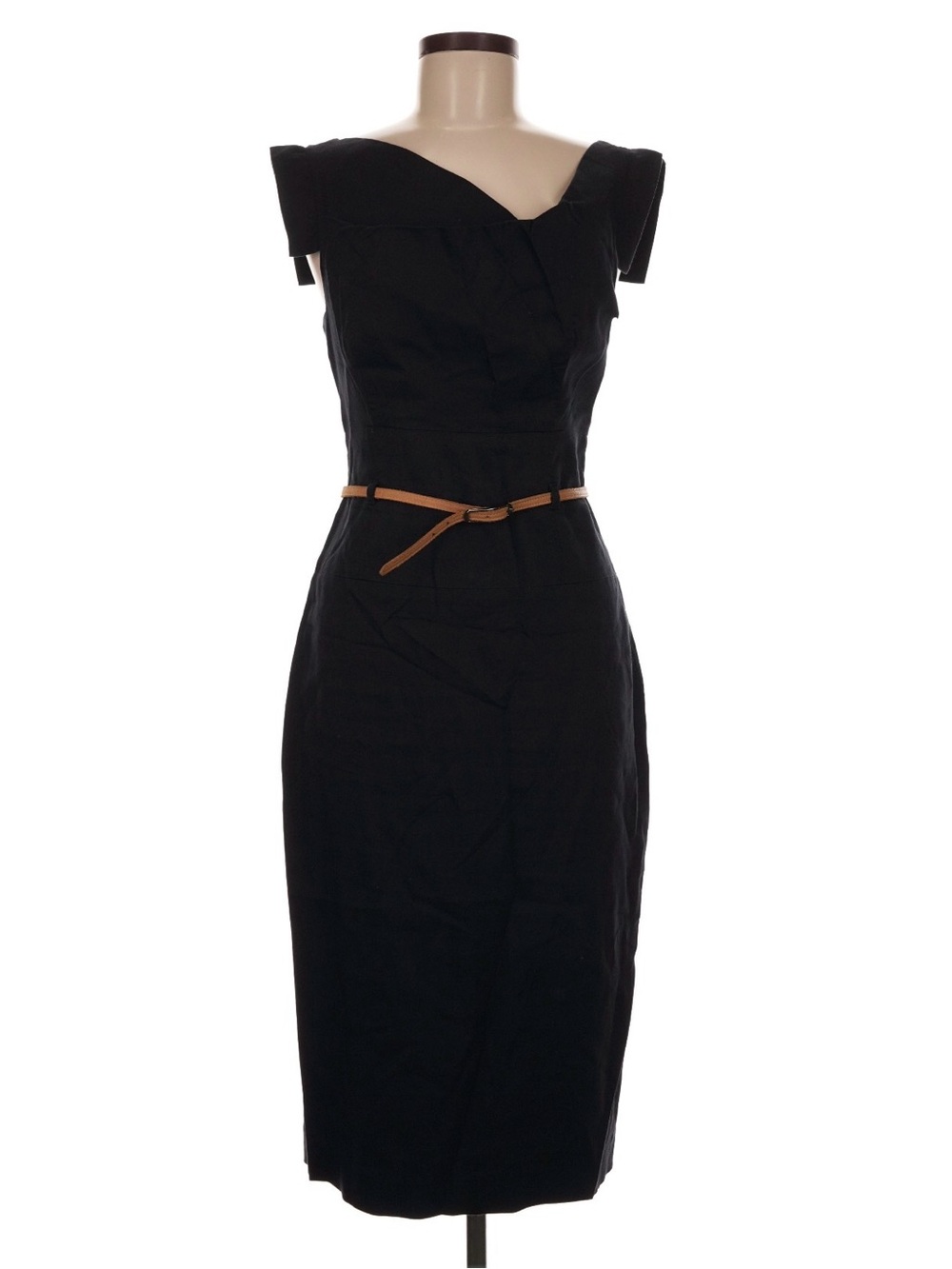 Black Halo Off-Shoulder Black Sheath Dress with Tan Belt